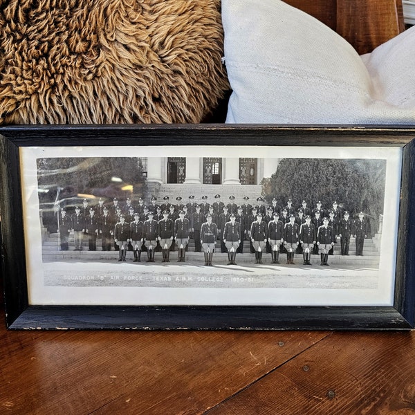 Texas A&M Aggies class photo. Air Force squadron photo. Black and white team photograph.