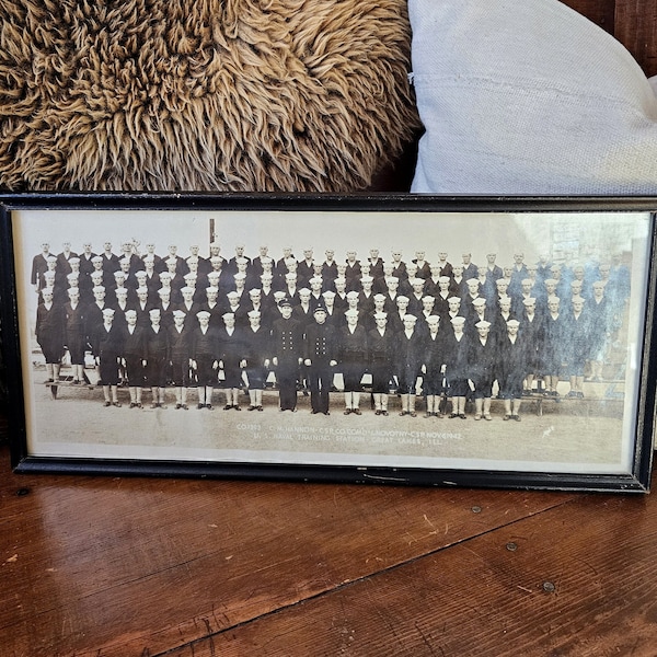 Vintage US Navy company photo. Black and White group photo US Naval Training Center Photograph 1942.