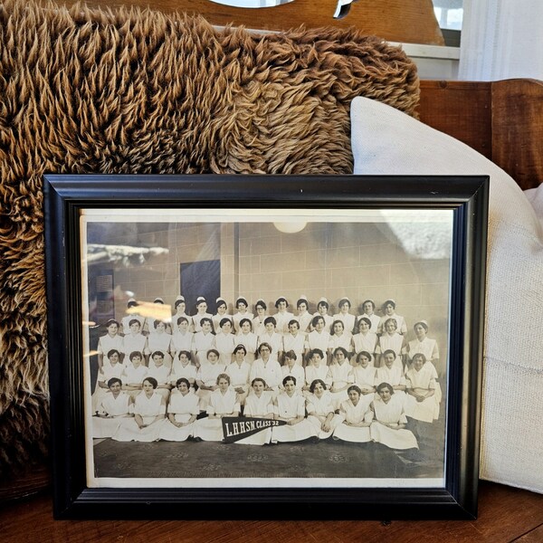 Black and white nursing school group photo. Class photo Lenox Hill Hospital School of Nursing 1932.