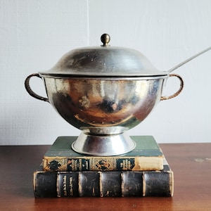 French soup tureen with ladle and wicker wrapped handles.