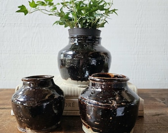 Antique Chinese Stoneware Jar: 19th Century Brown Glazed Pottery
