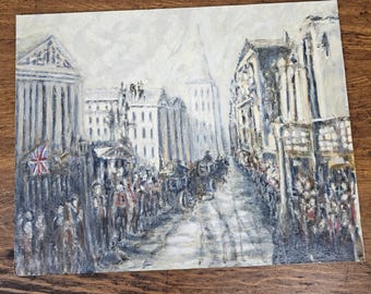 Original Oil Painting “The Monarchs” by John Gustafson – Historic British Street Scene with Horse Carriage & Union Jack