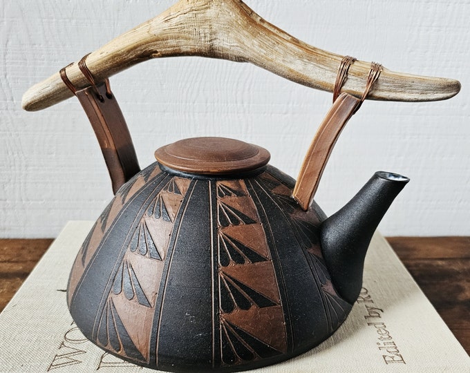 Artisanmade Pottery Teapot, Ceramic Teapot With Wood Handle, Signed