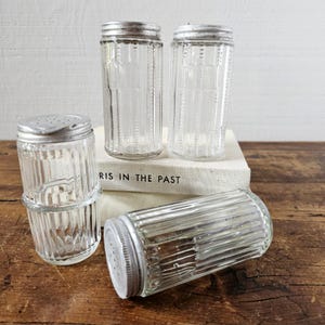 Antique Hoosier jars, Vintage glass spice jars.