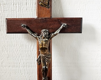 Vintage wooden crucifix, Wood and metal crucifix.