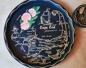 Cape Cod souvenir tray. Massachusetts memento plate. Black and gold.