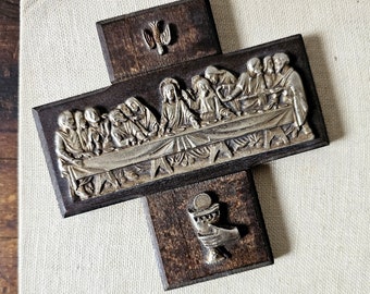 Vintage Last Supper cross plaque, Last Supper art.