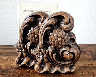 Carved wood bookends, Floral pressed wood book ends.