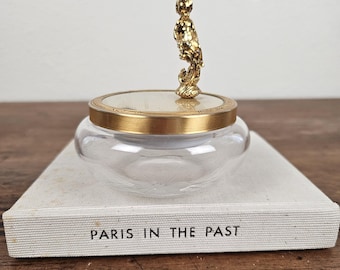 Vintage Cherub Glass Vanity Jar | Etched Floral Powder Jar with Gold Tone Lid | Hollywood Regency Trinket Box | Boudoir Vanity Decor