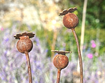 Rusty metal Poppy Seed Head sculpture / garden art decoration / outdoor sculpture / plant supports / rusty flowers -