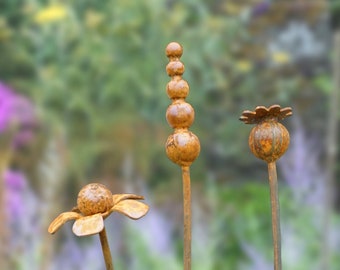 Rusty Metal Mixed Flower Garden Sculptures - Handmade Outdoor Art (Set of 3)