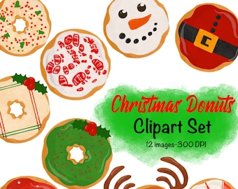 Weihnachten Donuts Clipart Set-Aquarell-Essen-Dessert-Urlaub