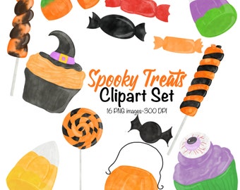 Gruselige Leckerli Clipart Set-Halloween-Spooky-Cupcake-Candy-Kürbis