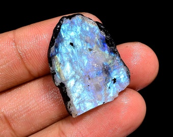 Natural Rainbow Moonstone Fancy Shape Slice black Tourmaline Cabochon Blue Fireplay Moonstone Loose Gemstone Jewelry 32 Carat 26X21X7mm Size