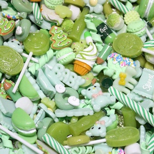 BULK Super Kawaii Green Pastel Charms for Slime, Green Assorted Cabochon Mix, Kawaii Fake Candy Food Deco Resin Cabochons Lot