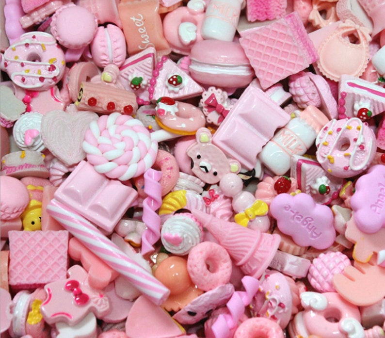 20 PINK Kawaii Resin Cabochons Cute Pastel Flatback Charms Decoden Animals Candy