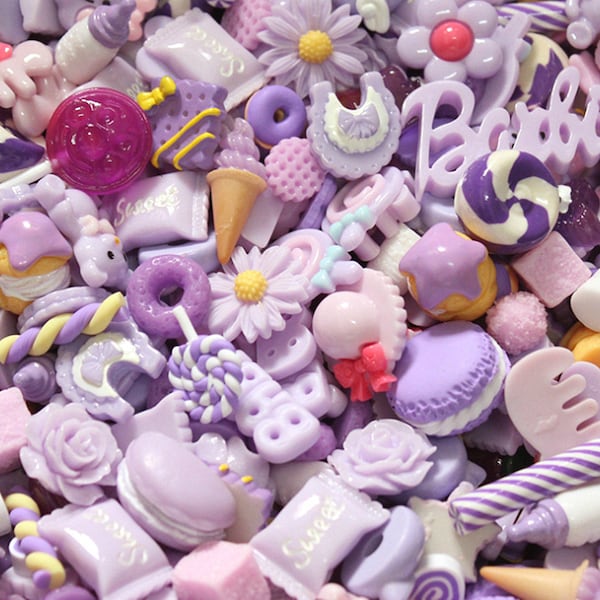 BULK Super Kawaii Purple Pastel Charms for Slime, Mixed Purple Assorted Cabochon, Kawaii Fake Food Deco Resin Cabochons Mixed