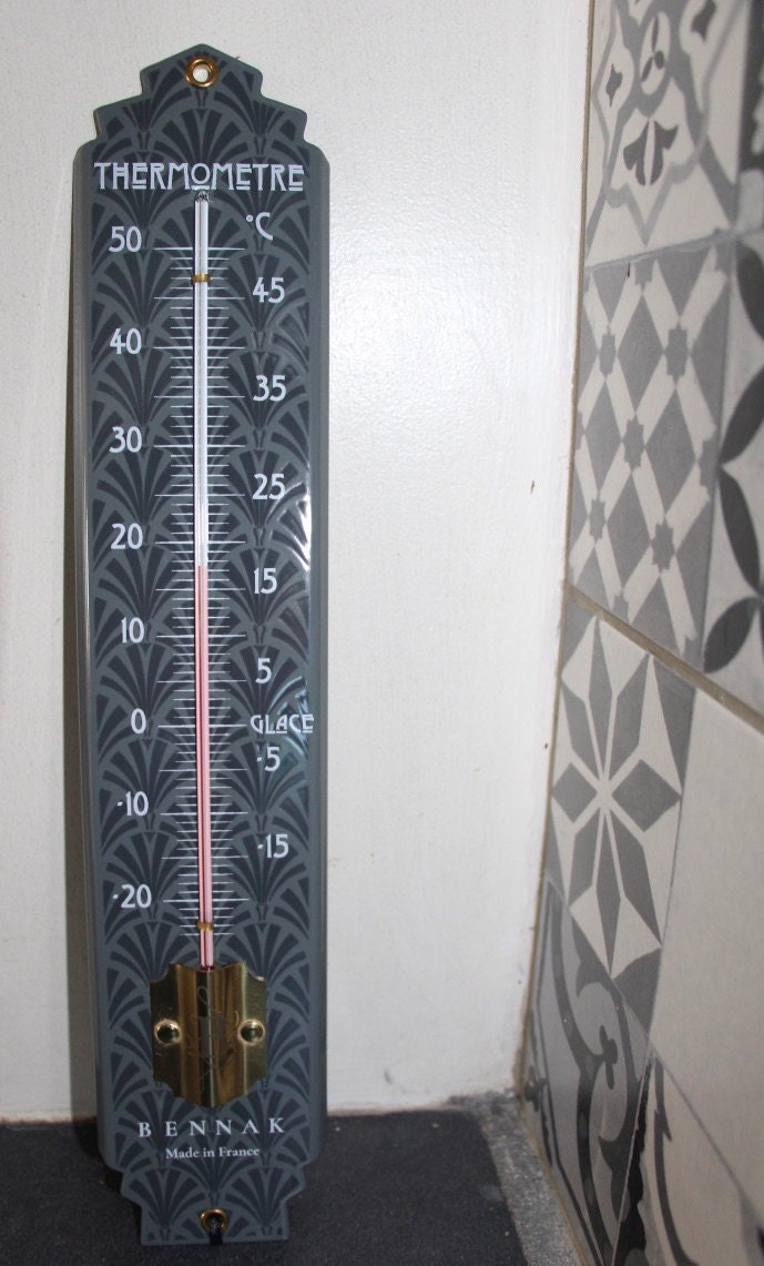 Thermomètre 37 cm Art Deco Émaillé en Gris, Degré Celsius ou Fahrenheit, Finition Laiton, Pour Décor