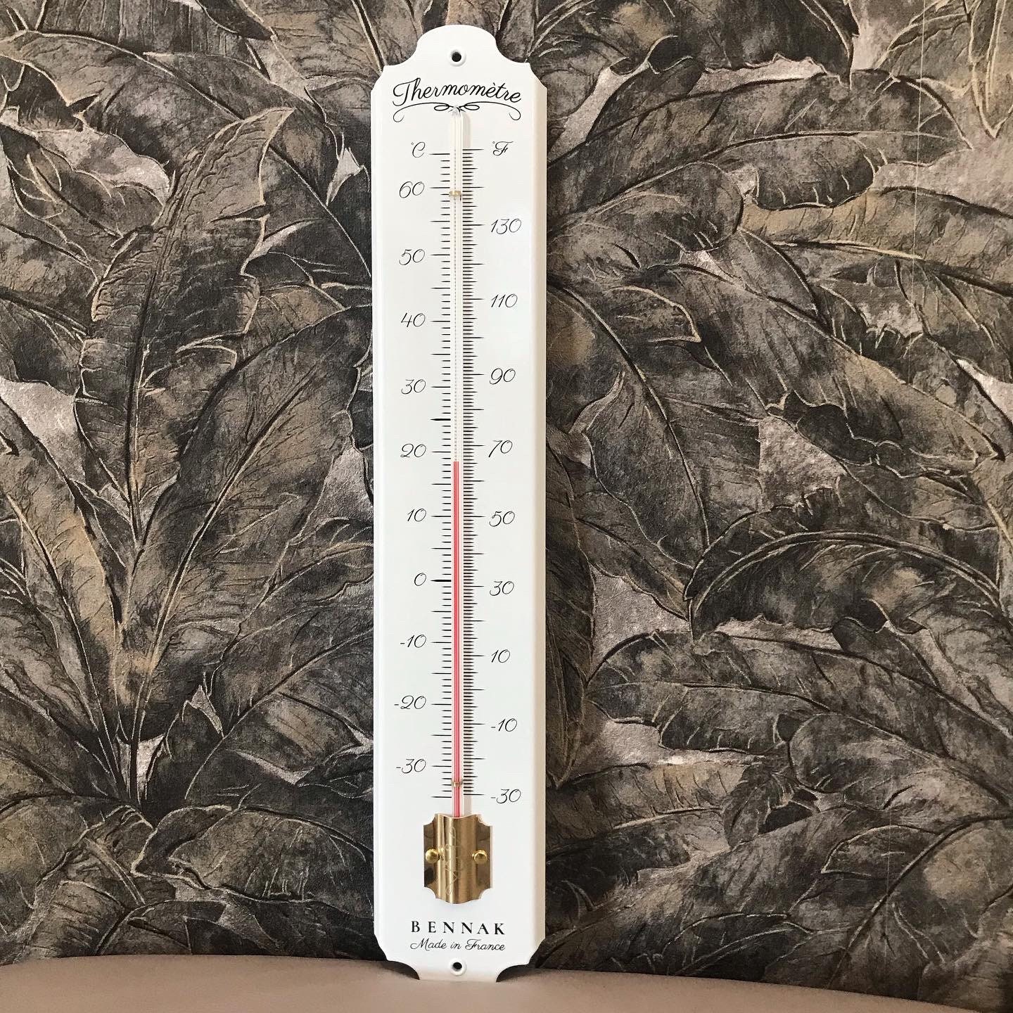 Thermomètre 50 cm Traditionnel Émaillé en Blanc, Finition Laiton, Degré Celsius et Fahrenheit, Pour 