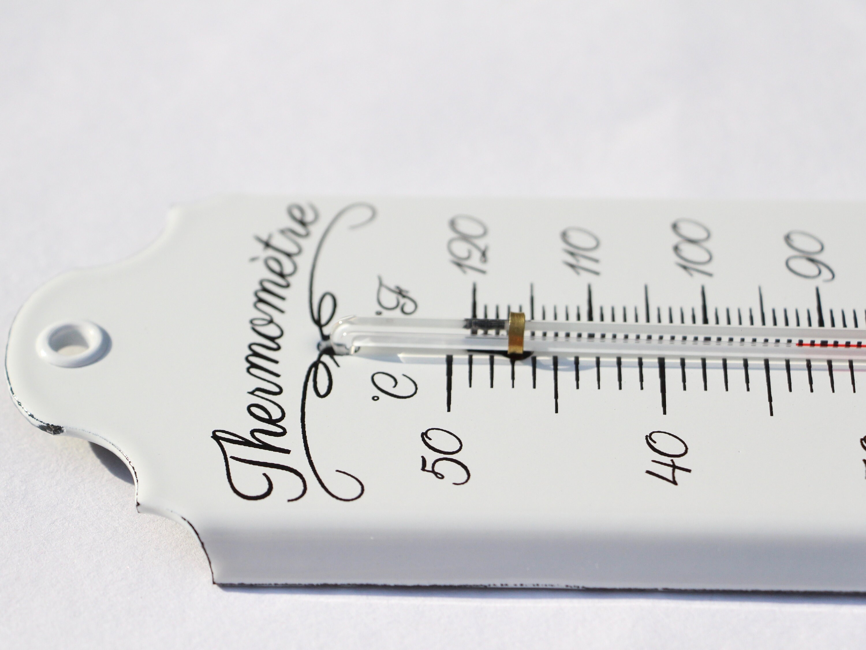 Thermomètre 37 cm Traditionnel Émaillé en Blanc, Finition Laiton, Degré Celsius et Fahrenheit, Pour'
