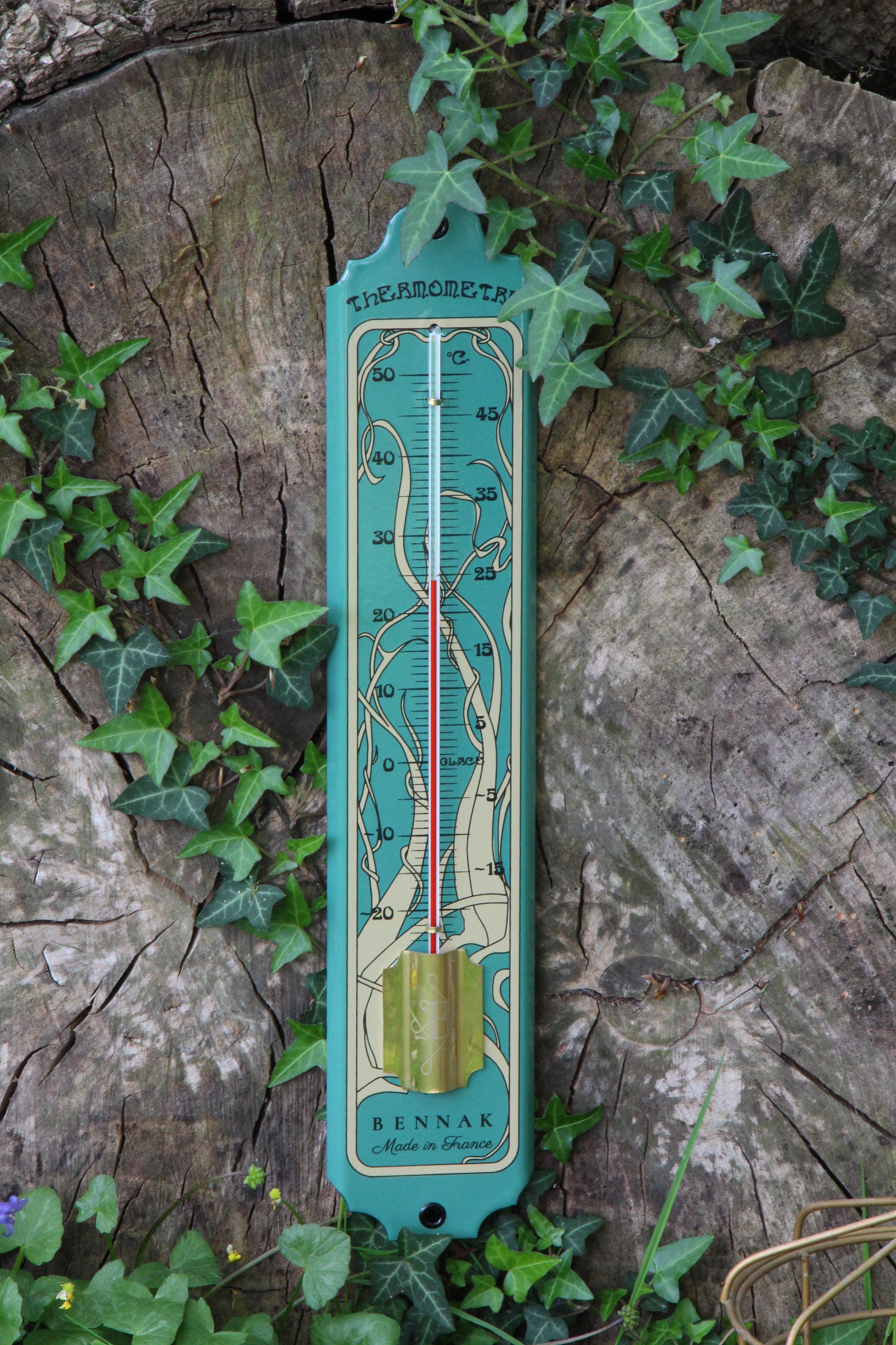 Thermomètre 37 cm Art Nouveau Émaillé en Vert, Degré Celsius ou Fahrenheit, Finition Laiton, Pour Dé