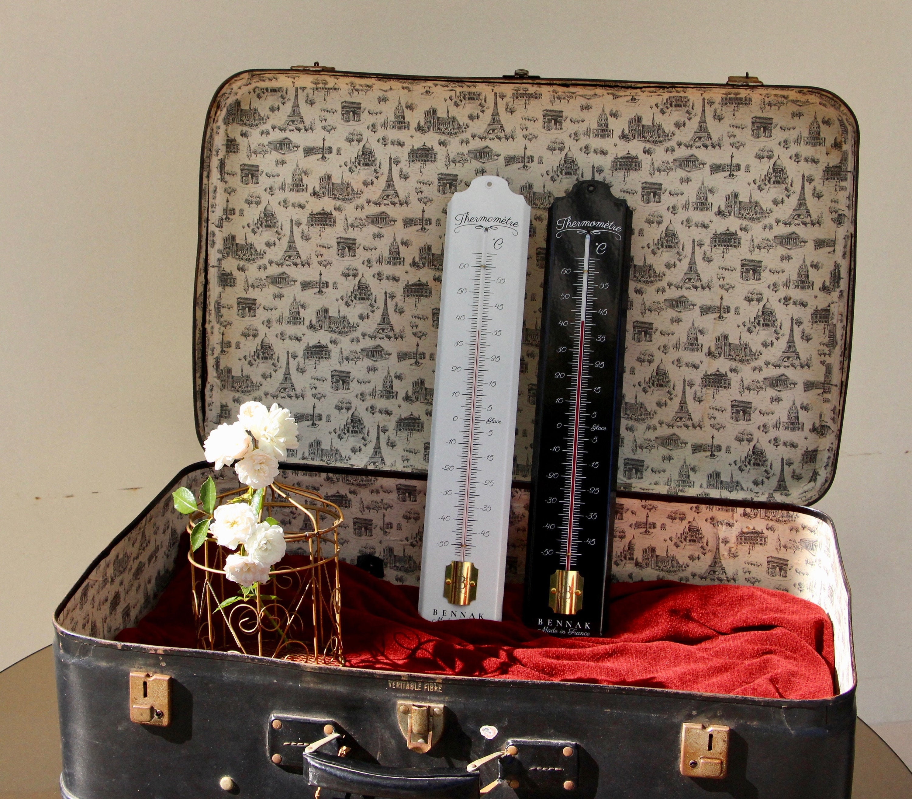 Thermomètre 50 cm Traditionnel Émaillé, en Degré Celsius ou Fahrenheit, Finition Laiton, Pour Décora