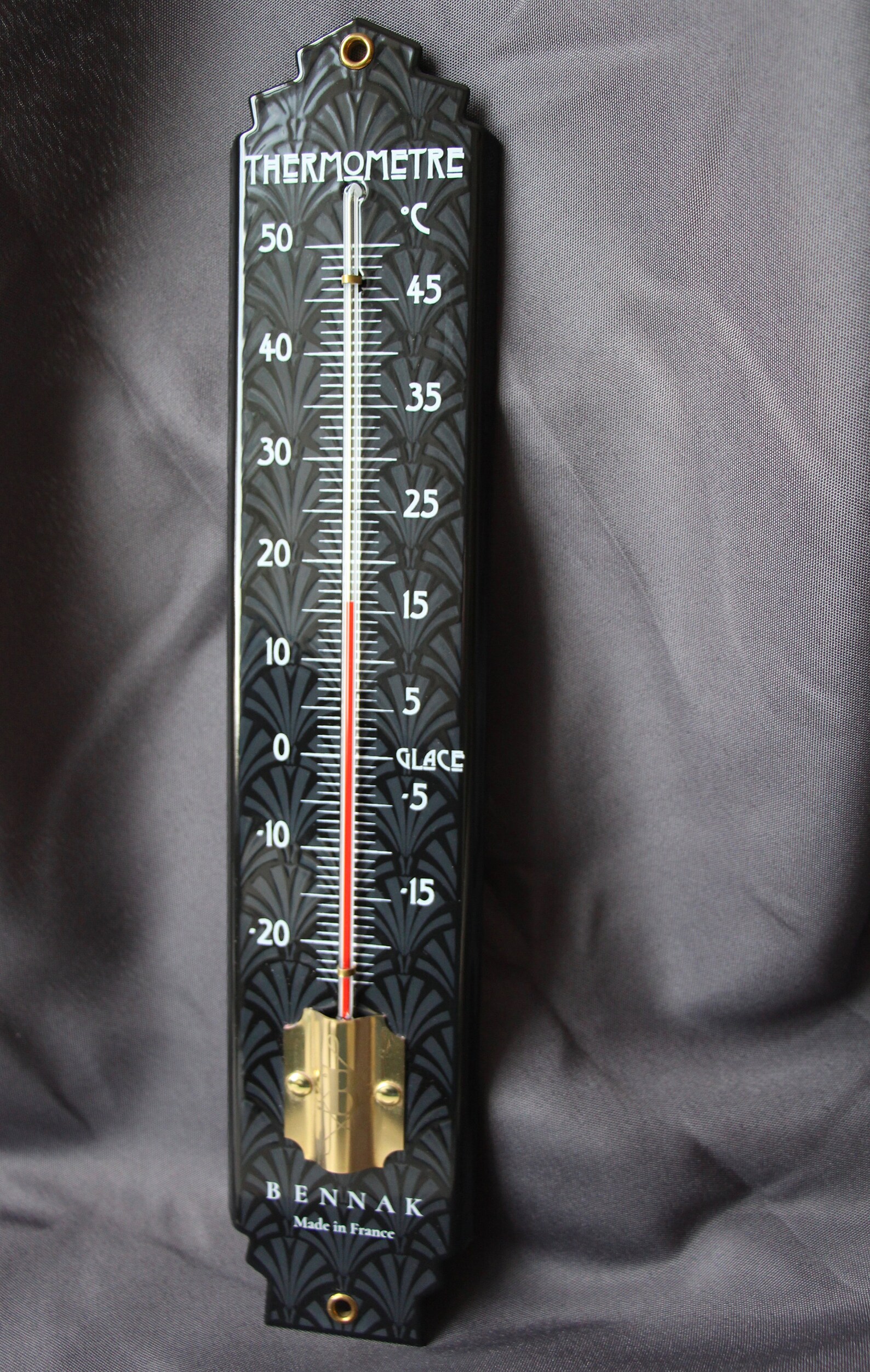 Thermometer 37 cm Art Deco enamelled in black brass finish