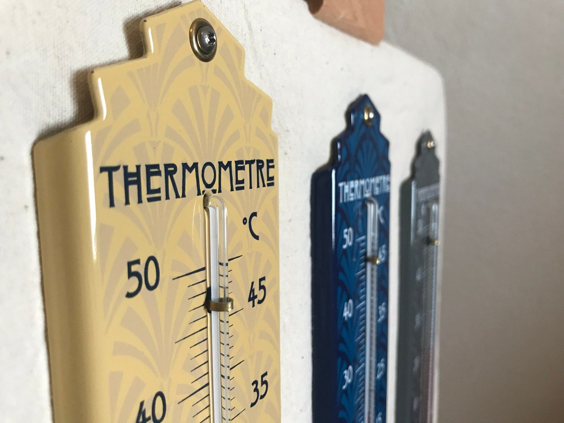 Thermometer 37 cm Art Deco enamelled in black brass finish
