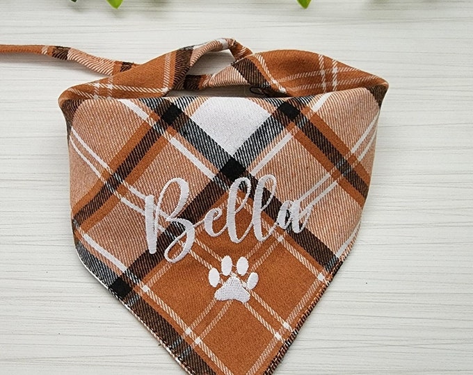 Brown Plaid Dog Bandana: Personalized Fall Pet Scarf