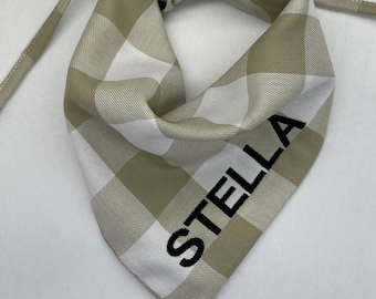 Sage Green Plaid Dog Bandana: Personalized Embroidered Puppy Scarf