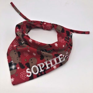 Handmade Dog Bandana | Custom Text | Plaid Seasonal Neckwear |Red- Flannel Moose Design