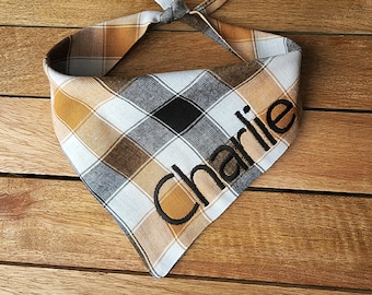 Brown plaid Dog Bandana | Custom Text | Fall Plaid Dog Bandana / Orange Plaid  Fall Autumn Pet Bandana / Plaid White