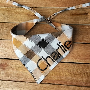 Brown plaid Dog Bandana | Custom Text | Fall Plaid Dog Bandana / Orange Plaid  Fall Autumn Pet Bandana / Plaid White