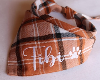 Brown Plaid Dog Bandana: Custom Embroidered Fall Pet Bandana
