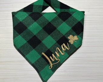 Shamrock Personalized Dog Bandana| Pet Gift | St. Patrick&#39;s Day | Green Plaid Bandana