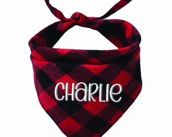 Personalized Plaid Dog Bandana, Custom Embroidered Cotton Flannel Pet Scarf
