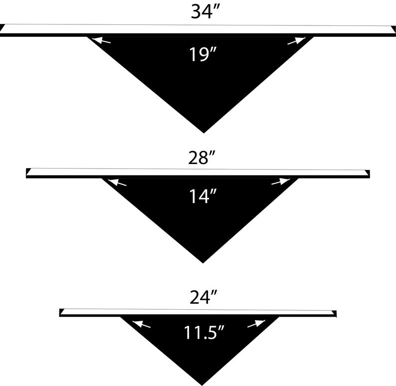 May include: Three black triangle-shaped bandanas with different sizes. The largest bandana measures 34 inches by 19 inches, the middle bandana measures 28 inches by 14 inches, and the smallest bandana measures 24 inches by 11.5 inches.