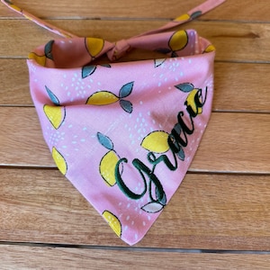 Lemon Dog Bandana/ Cute Pink Dog Scarf/ Dog Lover Gift/Personalized dog bandana/ Summer Dog Bandana /Tie dog bandana/Embroidery names