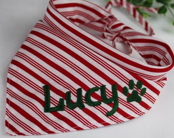 Christmas Candy Cane Stripe Dog Bandana: Custom Text, Handmade