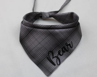 Personalized Gray Plaid Flannel Dog Bandana: Embroidered Pet Scarf