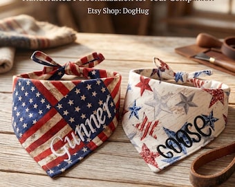 Personalized Patriotic Dog Bandanas | Custom Name Star & Stripe Pet Scarf | Patriotic American flag pattern