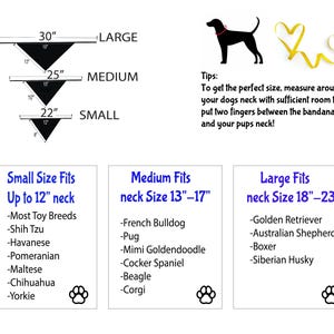 May include: Diagram showing three sizes of dog bandanas with measurements in inches. The sizes are small, medium, and large. The small size fits necks up to 12 inches, the medium size fits necks 13 to 17 inches, and the large size fits necks 18 to 23 inches. The diagram also includes a list of dog breeds that typically fit each size.