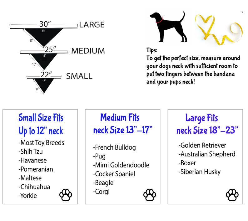 May include: Diagram showing three sizes of dog bandanas with measurements in inches. The sizes are small, medium, and large. The small size fits necks up to 12 inches, the medium size fits necks 13 to 17 inches, and the large size fits necks 18 to 23 inches. The diagram also includes a list of dog breeds that typically fit each size.