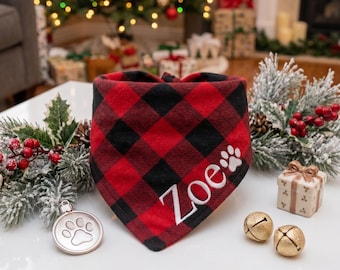 Red Buffalo Dog Bandana | Embroidery Personalized | Pet Plaid Scarf | Holiday Christmas  Pet Gift