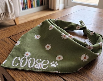 Custom Embroidered Dog Bandana, Olive Green Floral Pet Scarf, Personalized Name Paw Print