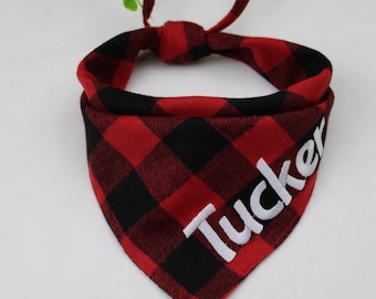 Buffalo Bandana Dog| Handmade Dog Bandana | Custom Text | Plaid Seasonal Neckwear |Red, Green, Blue, White, Brow/Ivory- Flannel Design