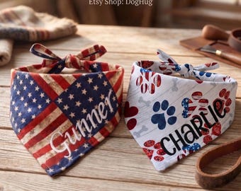 Personalized Patriotic Dog Bandanas | Custom Name Star & Stripe Pet Scarf | Patriotic American flag pattern