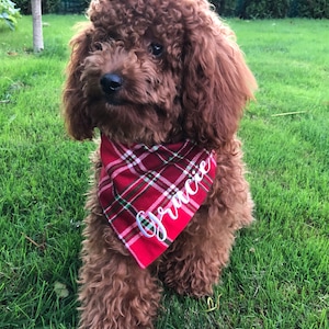 Holiday Tartan Dog bandana | Red Buffalo Check | Embroidery Personalized Dog Bandana | Pet Plaid Scarf | Christmas  Pet Gift