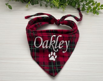 Custom Dog Bandana: Handmade Christmas Plaid Flannel, Personalized Text