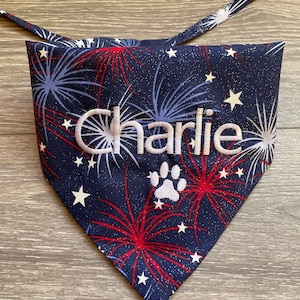 Fourth of July Fireworks Dog Bandana with Stars Glitter| Personalized|  In Loving Memory Patriotic| Patriotic Personalized